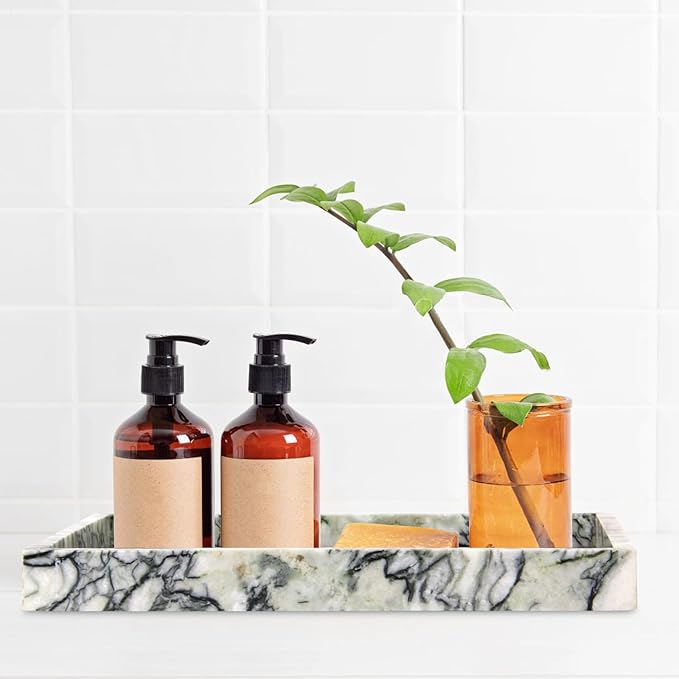Marble Bathroom Vanity Tray, Natural Luxury Vanity Home Kitchen Bathroom Table Tray, Stone Decorative Countertop Dresser Trays for Key Coffee Perfume Jewelry Makeup (Green Emerald, 12"x 8" x1.2")