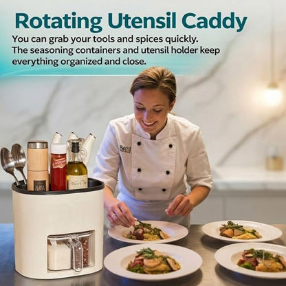 Rotating Kitchen Organizer, Cooking Utensil Holder for Countertop, Seasoning Organizer and Condiment Caddy with Knife Organizer and Spice Containers