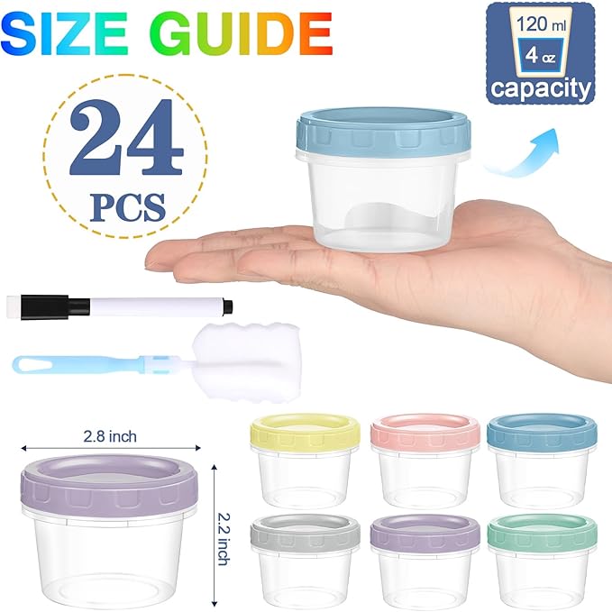 Yomarket 24pcs 4 oz Plastic Containers with Screw Lids, Reusable 1/2 Cup Small Food Storage Containers, Leakproof, Microwave Dishwasher Freezer Safe, with Pen and Brush