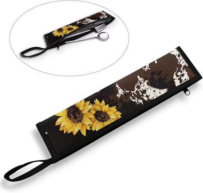 Cow Sunflower Camping Cutlery Storage Bag, Outdoor Portable Party Kitchen Flatware Bag, Hanging Cutlery Organizer 11.8 Inch Waterproof Liner Straw Pouch Case