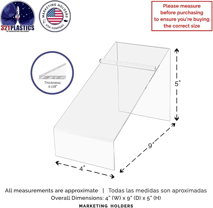 6 Pack Acrylic Shoe Display Stand Clear Premium Lucite 4 Inch Wide x 5 Inch High Slanted Footwear Showcase Riser with Heel Stop for Retail Shops and Clothing Stores by Marketing Holders