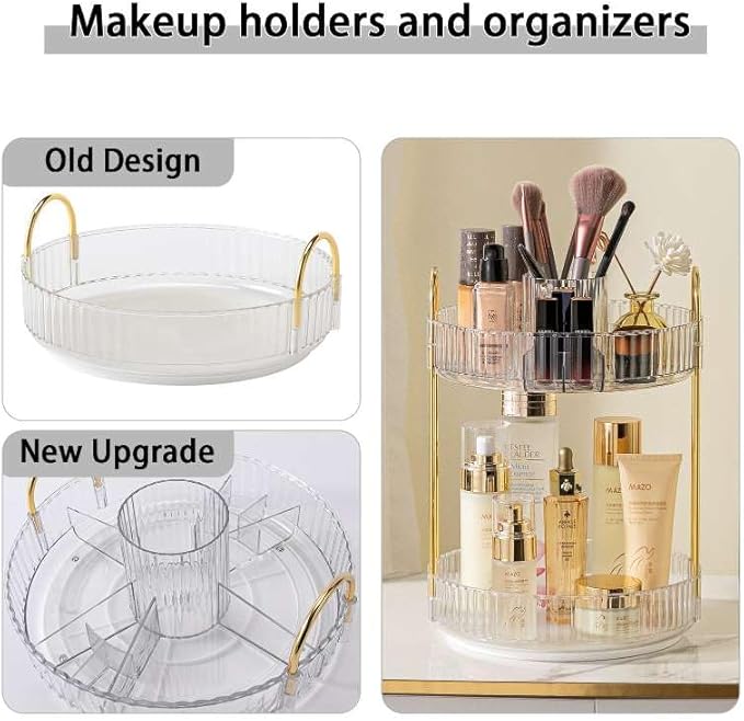 shuang qing Rotating Makeup Organizer for Vanity, High-Capacity Skincare Clear Make Up Storage Perfume Organizers Cosmetic Dresser Organizer Countertop 360 Spinning (Clear, New-2 Tier)