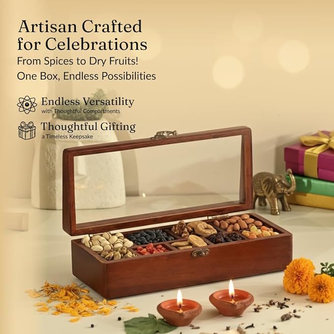 Brick Brown® Premium Handcrafted Wooden Prism Masala Box with Wooden Spoon | 9-Compartment Spice Box Organizer with Acrylic Lid | Masala's Dani Namak Dani Dabba | Masala Container Popula Dabba