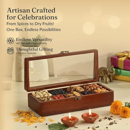 Brick Brown® Premium Handcrafted Wooden Prism Masala Box with Wooden Spoon | 9-Compartment Spice Box Organizer with Acrylic Lid | Masala's Dani Namak Dani Dabba | Masala Container Popula Dabba