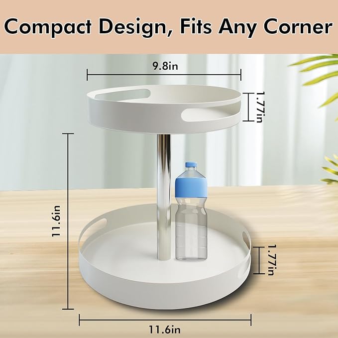 360° Rotating Bathroom Countertop Organizer, Metal Makeup Organizer for Vanity,2-Tier Spinning Storage Tray for Bathroom,Kitchen,Living Room,Multi-Purpose Countertop Shelf,White Lazy Susan