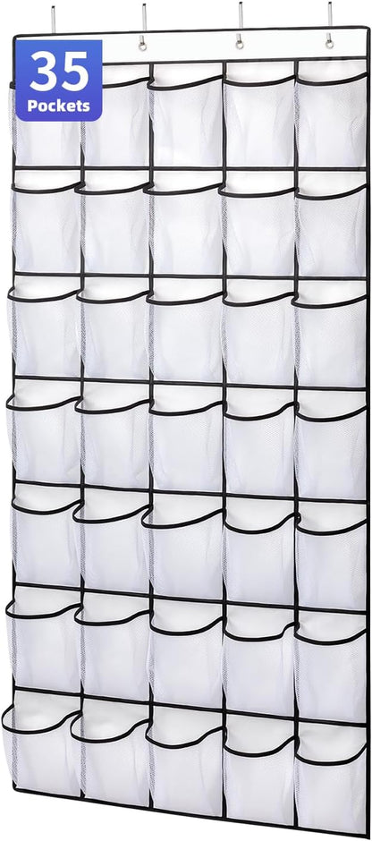 SAVERHO 35 Pockets Over the Door Shoe Organizer, Hanging Shoe Organizer for Door with 35 Mesh Pockets Large Capacity Shoe Hanging Storage Bag with 4 Metal Hooks (White-1Pack)