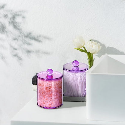 XIPENGKEJI 2 Pack Qtip Holder,Canister Apothecary Jar Set, Bathroom Jars with Lids Set for Cotton Swabs, Balls, Pads, Floss Picks,10oz-12oz Plastic Canisters Restroom Bedroom Vanity Organizer(Purple)