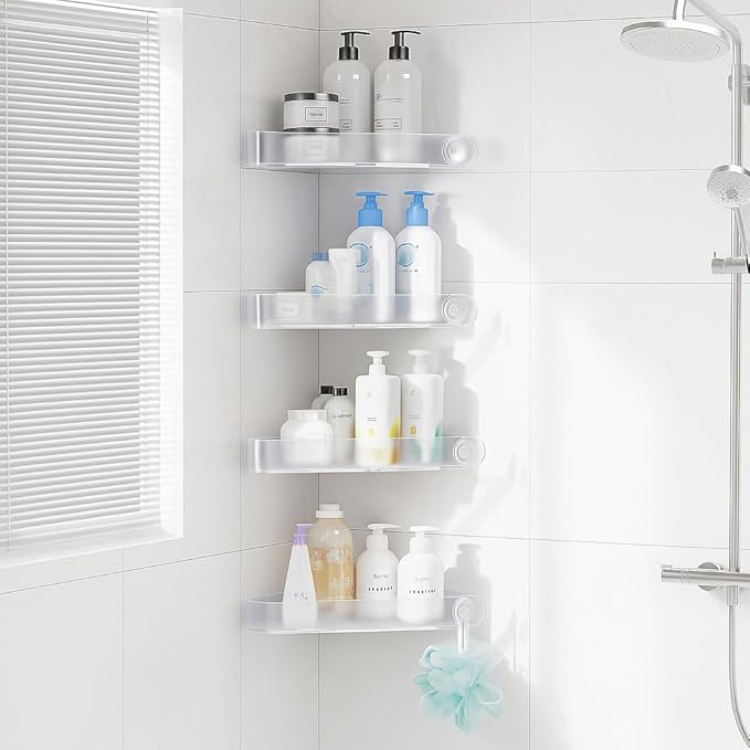 Sotfamily Plastic Shower Caddy Corner (for 90° Only), 4 Pack Adhesive Corner Shower Shelves for Bathroom Organizers and Storage, Frosted Clear