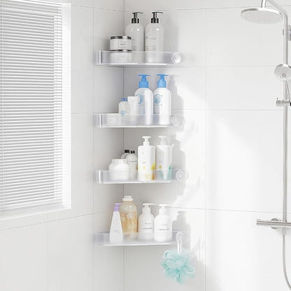 Sotfamily Plastic Shower Caddy Corner (for 90° Only), 4 Pack Adhesive Corner Shower Shelves for Bathroom Organizers and Storage, Frosted Clear