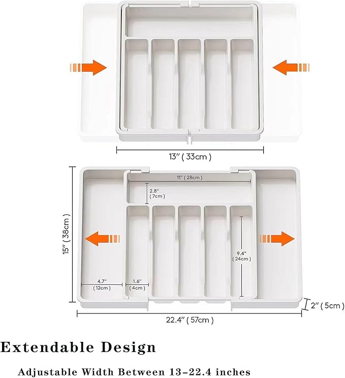 Silverware Drawer Organizer, Plastic Cutlery Storage for Kitchen Drawer, Adjustable Cutlery Organizer, Large Cutlery Tray for Spoons Forks Knives, White
