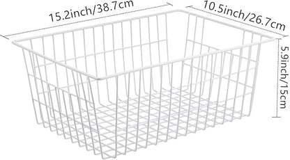 Redrubbit Wire Storage Baskets, Large Farmhouse Metal Freezer Basket Storage Organizer Bins with Handles for Kitchen Cabinets, Pantry, Closets, Bedrooms, Bathrooms, Set of 6, White