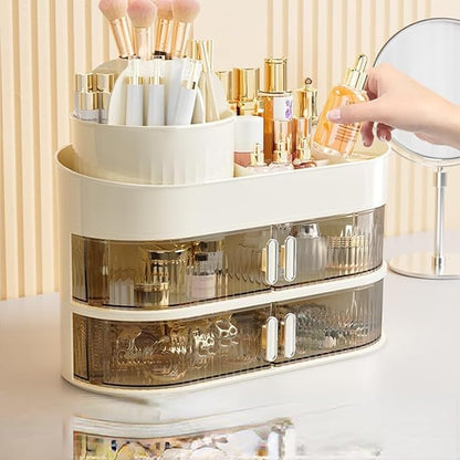 Makeup Organizer for Vanity 360 Rotating Brush Holder Cosmetic Storage with Dustproof Drawer Large Countertop Skincare Display Case for Jewelry Perfume Lotions