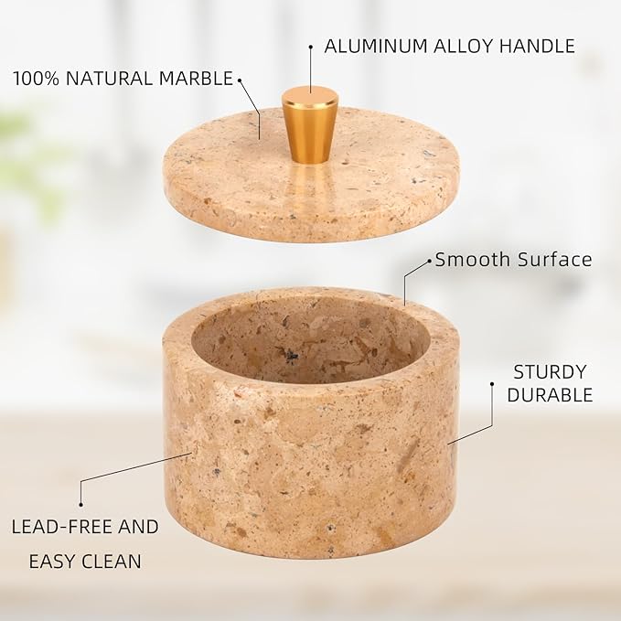 Marble Salt Cellar with Lid, 4 inch Natural Stone Salt Pepper Box, Alloy Lid for Kitchen Countertop Storage (Mud yellow, 4 * 3.5)