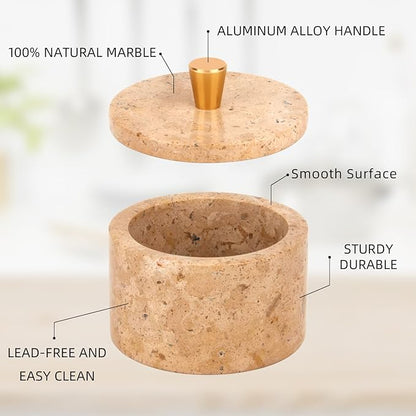 Marble Salt Cellar with Lid, 4 inch Natural Stone Salt Pepper Box, Alloy Lid for Kitchen Countertop Storage (Mud yellow, 4 * 3.5)