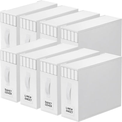 StorageTastic 8 Pack Bed Sheet Closet Organizers and Storage,Sturdy Foldable Storage Containers with Window and Label,Storage and Organization for Bedding Sheets,Duvet Covers,Blankets (White)