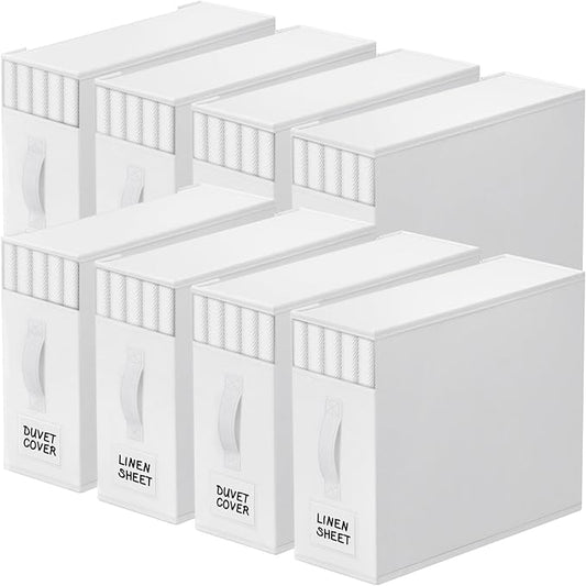 StorageTastic 8 Pack Bed Sheet Closet Organizers and Storage,Sturdy Foldable Storage Containers with Window and Label,Storage and Organization for Bedding Sheets,Duvet Covers,Blankets (White)