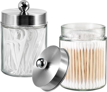 3PC Apothecary Jar Canisters Bathroom Vanity Organizer - Qtip Holder Storage Countertop & Stainless Steel Lids &Cute Stickers for Qtips,Cotton Swabs,Makeup Sponges,Floss (Brushed Nickel)