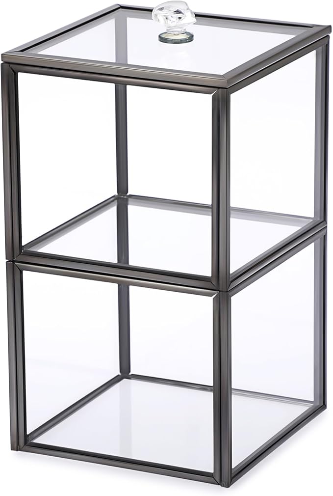 Hipiwe Glass Qtip Holder Dispenser 2-Tier Stackable Apothecary Jar with Lid Clear Bathroom Containers Cotton Ball & Swab Canister Vanity Organizer for Q-tip, Cotton Round, Floss, Makeup Pads