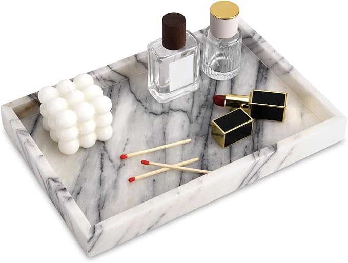 Marble Bathroom Vanity Tray, Natural Luxury Vanity Home Kitchen Bathroom Table Tray, Stone Decorative Countertop Dresser Trays for Key Coffee Perfume Jewelry Makeup (Lilac, 12"x 8" x1.2")