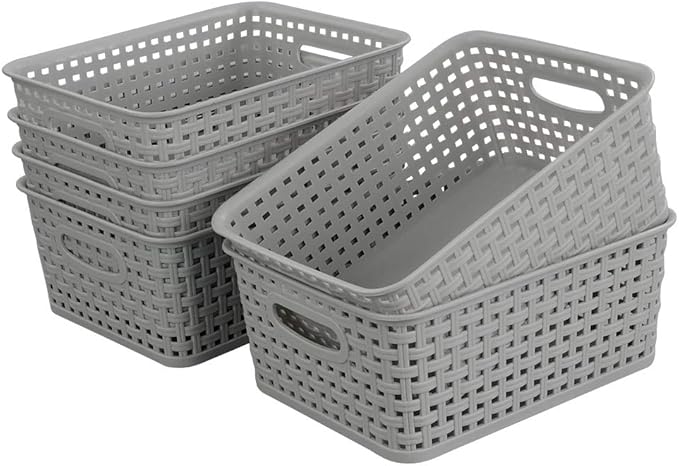 6-pack Grey Woven Plastic Storage Baskets, Organizing Bins