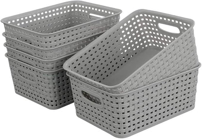 6-pack Grey Woven Plastic Storage Baskets, Organizing Bins
