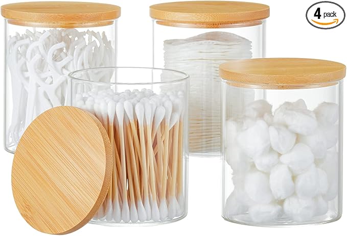 INIUNIK 4 Pack Glass Qtip Holder Dispenser Glass Apothecary Jars with Lids Cotton Ball Swab Pad Holder Bathroom Essential Canisters Accessories Jars for Bathroom Organization Vanity Organizers