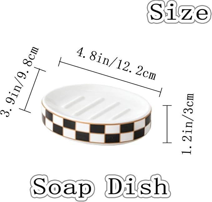 Ceramic Checkered Soap Dish,Black&White Soap Dish for Bathroom Sink, Bar Soap Holder for Bathroom Decorative Counter,Checkered Deco (Black)