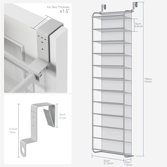 Whitmor 36 Pair Over The Door Shoe Organizer, 12 Tier Hanging Shoe Organizer, Heavy Duty Metal & Mesh Shoe Holder, Hanging Shoe Rack for Closet Organizer & Storage, 74"L x 21.7"W x 7.5"H, Grey