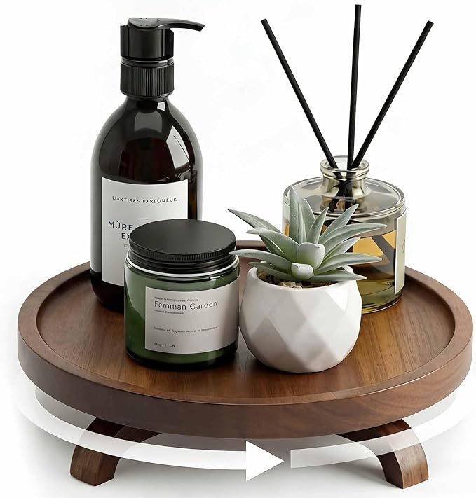 10" Solid Wood Lazy Susan Turntable Organizer for Cabinet, Pantry, Kitchen Countertop - Farmhouse Style with Raised Feet & Water-Resistant Coating, Rustic Bathroom Vanity Tray and Dining Table Decor