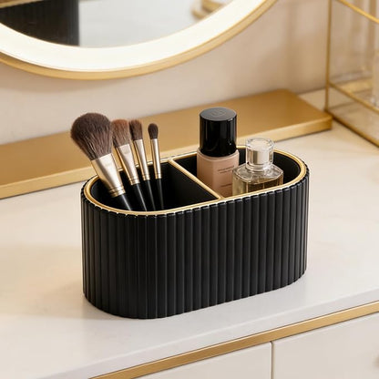 KINGFOM Makeup Brush Holder Organizer with Divider, PU Leather Vanity Brush Holder for Bathroom Countertop & Dressing Table, Cosmetic Desktop Storage Caddy for Makeup Tools Oval (Black)