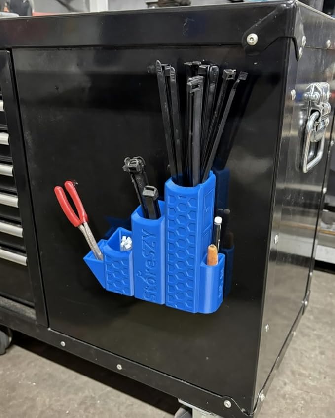 ZipStation Pro Zip Tie Organizer – 3 Tier Holder with Cutter Slot & Pen Storage – Magnetic Toolbox Organizer (Blue)