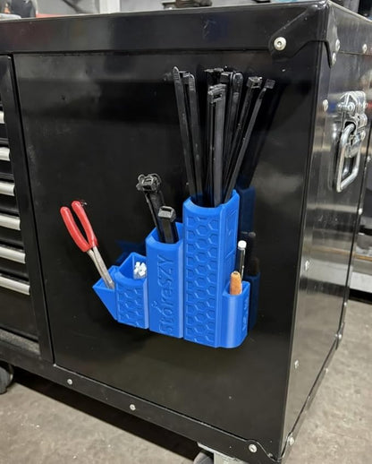 ZipStation Pro Zip Tie Organizer – 3 Tier Holder with Cutter Slot & Pen Storage – Magnetic Toolbox Organizer (Blue)