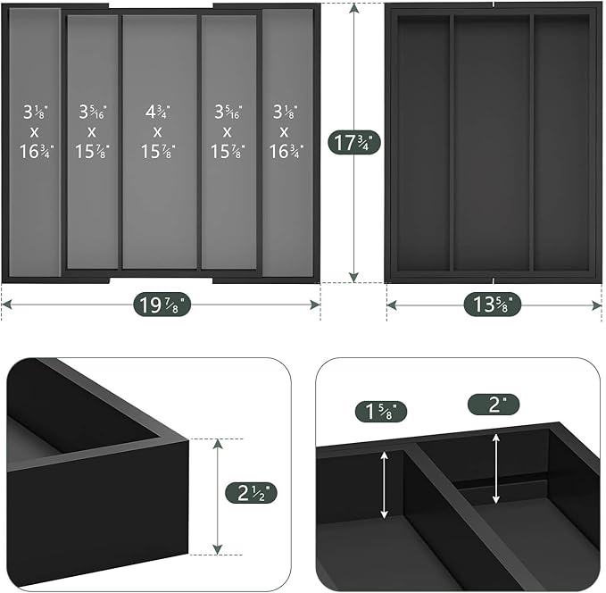 Kitchen Utensil Organizer Silverware Tray - Bamboo Flatware Organizer Expandable 5 Slots Multipurpose Silverware Organizer for Office Storage Garage Organization W13.7"-19.9" x L17.6" X H2.5" (Black)