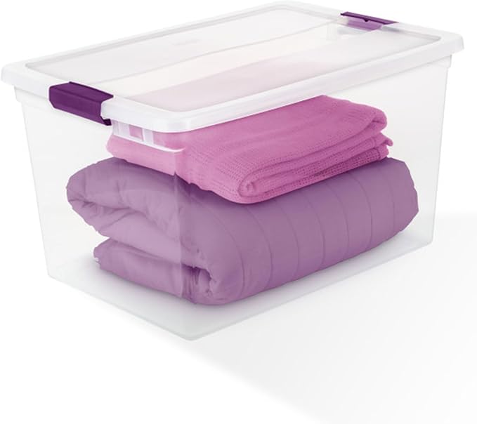 Sterilite 66 Qt ClearView Latch Storage Box, Stackable Bin with Latching Lid, Organize Clothes, Blankets, Items in Closet, Clear Base and Lid, 24-Pack