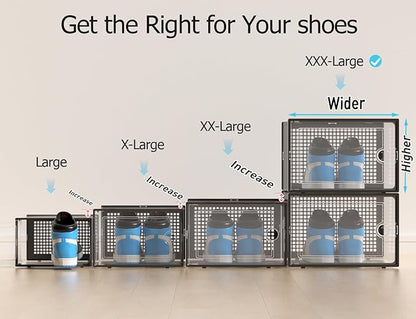 Kuject XXX-Large Shoe Storage Boxes Organizers Clear Plastic Stackable 12 Pack, Shoe Rack & Holder Substitute, Sneaker Containers, Toy Storage Organizer Bins for,Closet, Under Bed, Black(No Fold Line)