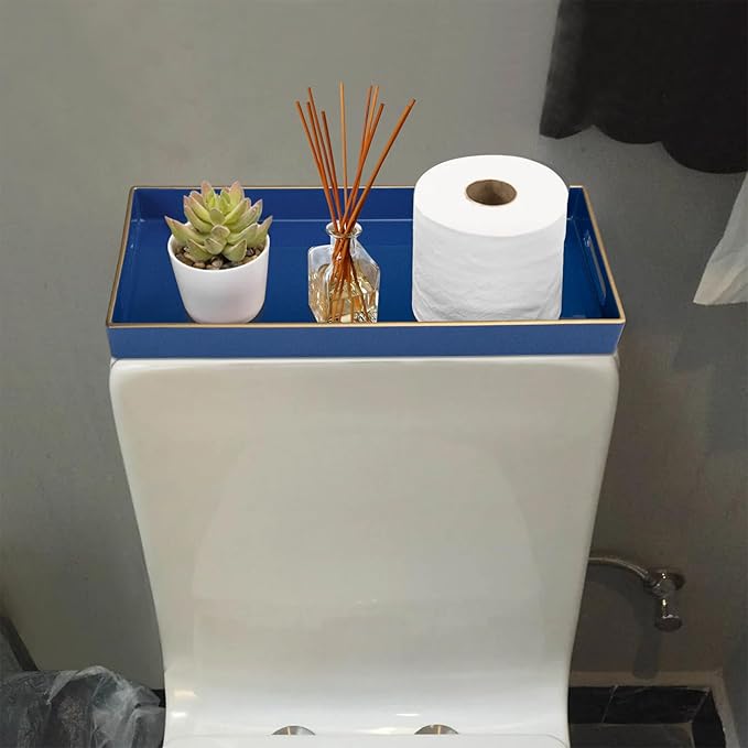 MAONAME Royal Blue Vanity Tray Set of 2, Plastic Decorative Tray with Handles, Long Narrow Trays, Rectangular Bathroom Trays for Toilet Tank, 13.8" X 6" X 1.57"