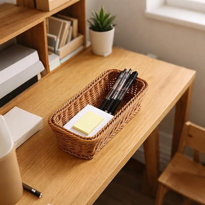 Small Wicker Bread Basket, Cracker Basket, Silverware Organizer Baskets, Flatware Organizer for Drawer, Stackable Wicker Narrow Baskets for Spoons Forks Knives Stationery (Rectangle)