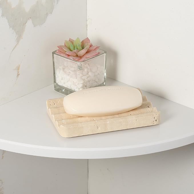 Koville Natural Travertine Soap Dish for Bathroom Shower, Marble Soap Tray Travertine Dish for Bathroom, Stone Soap Tray for Sink, Stripe Grooves Soap Saver Keep Soap Bars Dry Easy Clean