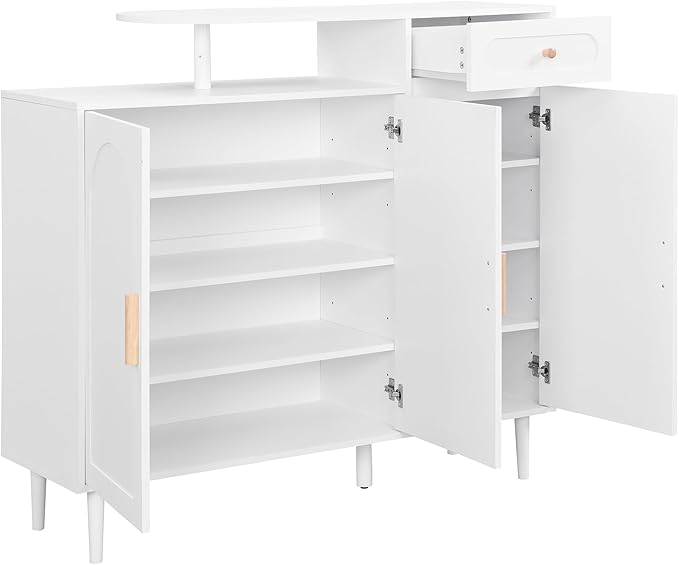 JIVOIT Shoe Cabinet with Adjustable Shelves and Drawer, Cream Style Storage Sideboard with Arched Doors, Solid Wood Legs, Wood Shoe Rack for Entryway, Living Room (White,164)