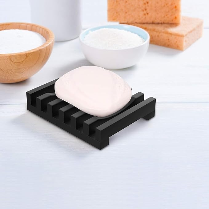 2Pcs Soap Dish Holder, Non-Slip Bathroom Accessories Silicone Soap Case Saver, Sink Deck Bathtub Shower Dish Soap Drainer, Silicone Holder for Soap, Sponges, Scrubber (Black)
