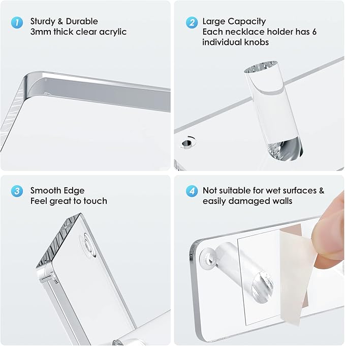 MaxGear Clear Acrylic Necklace Holder 2-Pack, Wall Mounted Jewelry Organizer with 12 Hooks, Tangle-Free Display for Necklace, Bracelet, Bangles, Ring, Perfect for Bathroom, Vanity, Closet Door