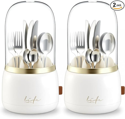 2 Pack 360° Rotating Silverware Organizer, Utensil Holder with Lid for Kitchen Counter, Silverware Caddy with Drainage Dustproof Flatware Holder for Cutlery Spoon Fork Storage, White(7 Slot)