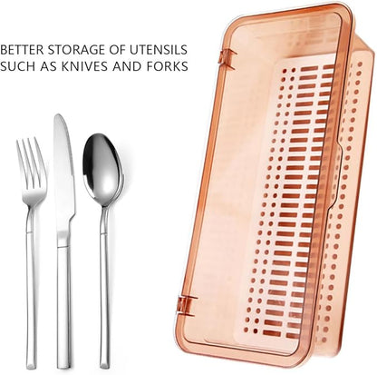 Flatware Tray with Lid and Drainer,Silverware Tray Kitchen Dinnerware Holder and Utensil Storage Container for Flatware and Silverware(Brown)