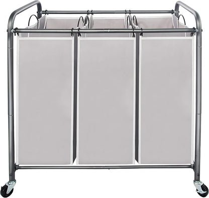 STO STO Laundry Sorter 3 Section, 3 Bag Clothes Hamper, Rolling Laundry Cart Basket with Heavy Duty Lockable Wheels and Removable Bag for Laundry Room, Bedroom, Closet, Gray
