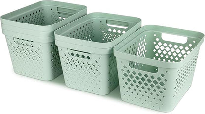 Glad Plastic Storage Basket Set, Value Pack of 6 | Open Storage Bins for Shelves, Bathroom, Pantry, Closet | Nesting Organizer Boxes with Handles, 4 Gallon, Sage