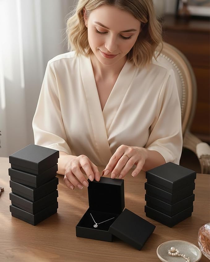 Rocutus Jewelry Gift Boxes for Necklace, Earring, Ring - Cotton Filled Cardboard Paper Jewelry Box Gift Cases for Wedding, 12 Pack Engagement, Gift Packaging, Luxury Jewelry Box, Ring Box (Black)