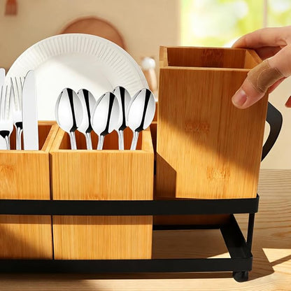 Silverware Caddy for Party, Wood Utensil Holder with 4 Compartments Paper Plate Dispenser for Kitchen Countertop Organizing Paper Plate, Fork, Spoon, Napkin