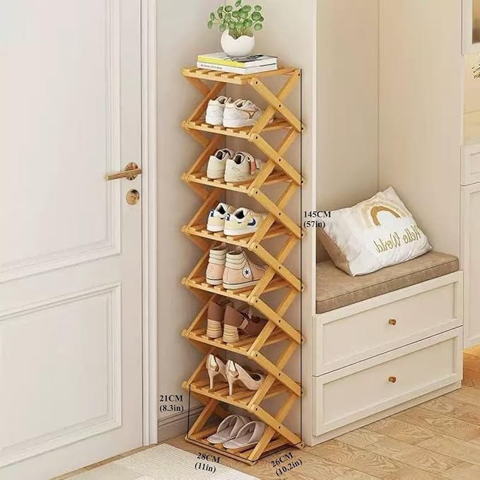 Foldable Shoe Rack, Bamboo Vertical Shoe Organizer Tall for Small Spaces. Multifunctional Narrow Shoe Shelf for Entryway, Closet, Corner, Bedroom, Hallway, Wood Color 8 Layers