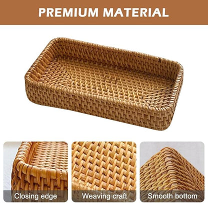 8in Rattan Bathroom Vanity Tray, Toilet Tank Basket, Bathroom Decor Box, Small Narrow Guest Towel Holder for Vanity, Countertop, Bathroom, Kitchen and Cabinet Storage(Color:Wood)