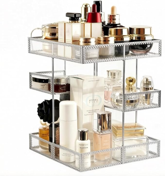 360 Degree Rotation Cosmetic Organizer -Premium Makeup Storage with Spin Base,Antique Countertop Cosmetic Storage,Large Capacity,Beauty Display for Countertop,Vanity or Bathroom (silver)